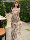 DAIIIBABYYY  -  New Print Mesh Sling Long Dress Summer Elegant Beach Style Holiday Dress Women Korean Fashion Bodycon Ruffled Mermaid Dress