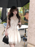 Daiiibabyyy  Summer French Elegant Sweet Princess Dress Women's Short-sleeve Round Neck Lace Bow Mini Party Dress Chic Fashionable Clothing