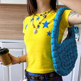 DAIIIBABYYY  -  Crew Neck Fashion Printed Women's Summer Suit Slim Top Solid Color Short Sleeve Office Lady All-match Pullover Thin Tee Shirt