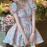 DAIIIBABYYY  -  Pure and Sweet Little Fresh Hot Girl New French Dress with Flower Waist-hugging Fairy Skirt Short Skirt