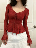Daiiibabyyy  Sexy Y2k Lace Flower Slim Fit Tshirts for Women 2026 Ropa Mujer V Neck Bandage Cropped Tops Korean Fashion Flare Sleeve T-shirt