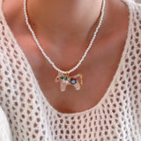 Daiiibabyyy  Cute Candy Color Rhinestones Acrylic Cartoon Horse Pendant Necklaces for Women Simulated Pearl Strand Sweater Chain Choker