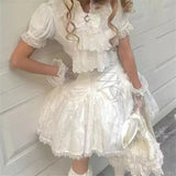 Daiiibabyyy  Cosplay Rhinestone Bow Japanese Gothic Style Skirt Set Women Sweet Lace Ruffles Shirt Slim Bandage Mini Skirt Lolita Y2k Outfits