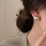 Daiiibabyyy  French Temperament Flat Round Pearl Stud Earrings Women and Girls Sweet Ear Studs Fashion Jewelry Romantic Gifts