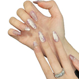 10pcs Glitter Cat's Eye Handmade False Nails Tips Reusable Gradient Blue Mid-length Oval Fake Nail Art Almond Press on Nails Set