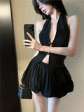 DAIIIBABYYY  -  Sweet Hot Girl Sexy Suit Women's Summer Hollow V-neck Halter Vest High Waist Pod Skirt Two-piece Set Fashion Female Clothes