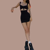 Daiiibabyyy  Must - Have for Cool Vibe! Make a Statement. Square - Neck Drawstring Hollow - Out Slim Dress, Sexy & Casual.