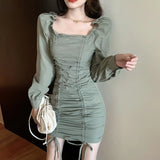 Daiiibabyyy  Sexy Shirring Slash Neck Puff Sleeve Women Dress New Spring Autumn Korean Style Above Knee Solid Color Belt Long Skirt