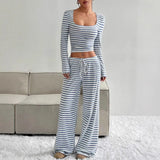 DAIIIBABYYY  -  Casual Simple Striped Long Sleeved Top and Pants Set Women's Two-piece Set