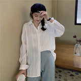 DAIIIBABYYY  -  Temperament Collar Shirt Women's Single Breasted Simple and Versatile Dark Striped Long Sleeved Shirt
