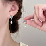 Daiiibabyyy  Sweet Oval Blue Glass Stone Drop Earrings for Women Girl Niche Elegant Imitation Pearl Dangle Earrings Daily Jewelry Accessories