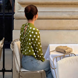 Daiiibabyyy  Polka Dot Tie-Strap Semi-Transparent Lantern Sleeve Women Blouse Elegant Loose Fashionable With Multiple Styles Long-sleeved Top