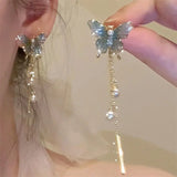 Daiiibabyyy  New Trendy Green Zircon Butterfly Earrings for Women Light Luxury Sweet Long Tassel Earrings Aesthetics Wedding Party Jewelry