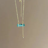 Daiiibabyyy  Blue Square Sugar Necklace Fresh Simple Zircon Tassel Design Exquisite Trend Pendant Necklace Women's Popular Jewelry Gift