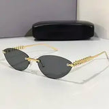 Daiiibabyyy  Retro Frameless Trimmed Cat Eye Rivet Small Frame Sunglasses for Men and Women Round Face Slimming Hip-hop Trampoline Sunglasses