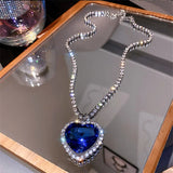Daiiibabyyy  Blue Heart Crystal Necklaces for Women Long Chain Pendant Necklaces Statement Jewelry Wedding Party Gift