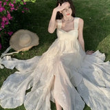 DAIIIBABYYY  -  French First Love Strap Heavy Duty Lotus Leaf Edge Dress Summer Vacation White Embroidered Super Fairy Long