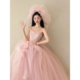 Daiiibabyyy  Pink Strapless Korea Long Wedding Dresses Princess Fairy A-Line Silk Tulle Party Evening Customized Photo Shoot Prom Gowns 웨딩드레스