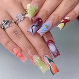 Daiiibabyyy  24PCS Elegant Medium Square False Nails Colorful Butterfly Patterns French with Diamonds Fake Nails for Women Wearable Press On