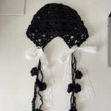 DAIIIBABYYY  -  Korean Ins Hand-woven Lace Bow Decorative Pullover Hat Women's Summer Street Fashion Hollow Breathable Knitted Beanie Cap
