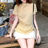 Daiiibabyyy  Fashionable Gauze Sweet Polka Dot Waist Blouse Female Clothing Short Sleeve Summer New French Style Round Neck Aura Folds Shirts