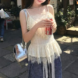 Daiiibabyyy  French Style Fashionable Lace Patchwork Slim Camis Summer Waist Tops Female Clothing Solid Color Basic Hotsweet Sleeveless Tanks