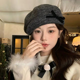 DAIIIBABYYY  -  Retro Bow Design Gray Woolen Octagonal Berets Cap for Women Autumn and Winter Travel Versatile Casual Warm Sweet Painter Hat