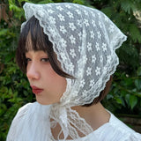 Daiiibabyyy  Summer Flower White Sweet Triangle Scarf Thin Breathable Ribbon Lace Flower Elegant Korean Ins Lace Artistic Style Travel Photo