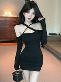 DAIIIBABYYY  -  Black Knitted Chic Off Shoulder Sexy Neck-mounted Dress Spring Long Sleeve Bodycon Dress Women Korean Vintage Evening Dress