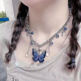 Daiiibabyyy  Purple resin butterfly four-star tassel pendant clavicle chain