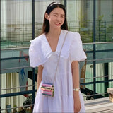 DAIIIBABYYY  -  Prairie Retro Fashion Long Dress Yellow White Summer Puff Sleeve Dream Dating Dress Slim Waist Midi Loose Casual Holiday Dress