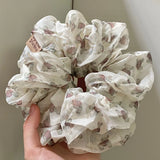 Daiiibabyyy  1PC Cute Bear Print Sheer Chiffon Scrunchie, Soft Lightweight Hair Tie,Sweet Vintage Style Hair Accessory For Women Daily Casual