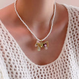 Daiiibabyyy  Cute Candy Color Rhinestones Acrylic Cartoon Horse Pendant Necklaces for Women Simulated Pearl Strand Sweater Chain Choker