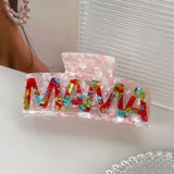 Daiiibabyyy  Fashion Square MAMA Hair Claw Retro Ponytail Clip Acetic Acid Shark Clip Leopard Print Colorful Geometry Hair Claw Daily