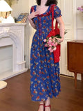 Daiiibabyyy  women's blue bubble sleeve floral dress women's summer sweet pinched waist floral  long dress