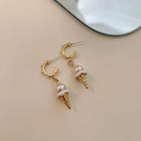 Daiiibabyyy  Ice Cream Cone Earrings Exquisite Fashion Imitation Pearl Temperament Versatile Sweet Personality Earrings Women's Jewelry