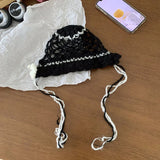 Daiiibabyyy  Women's Kawaii Hats Sweet Cute Y2K Hollowed Out Flower Bun Hat Color Blocked Knitted Woolen Cold Hat Beret Korean Version Caps