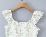 Daiiibabyyy  Sexy Floral Print Spliced Lace V neck Ruffles Strap Tank Dress Women Wood ears Low Waist Short Dresses Swing A-lined Robe