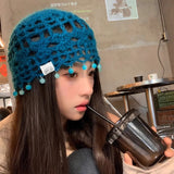Daiiibabyyy  Bohemian Color Beaded Fringed Knitted Beanies Y2K Summer and Autumn Travel Fashion Versatile Breathable Pullover Hats Women