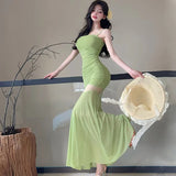 DAIIIBABYYY  -  Black Patchwork Mesh Sheer Sexy Long Dress Women Elegant Luxury Ruffled Dress Gown Summer Korean Bodycon Party Night Dress