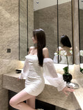 Daiiibabyyy  Sexy Short Shoulder One-Piece Dress Women Slim High Waist Long Sleeve Lantern Sleeve Street Style Pure Color Embroidered Dress