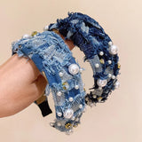 Daiiibabyyy Wide-brimmed Denim Fabric Hair Band for Women Creative Pearl Knotted Headband Fixed Hoop Hairband Girls Hair Accessories