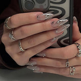 Daiiibabyyy  24PCS Purple French False Nails with Glue Metallic Silver 3D Designs Almond Press on Nails Full Cover Sweet Cool Wearable Nails
