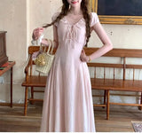 Daiiibabyyy  Women's Clothing French Style V-Neck Long Dress Stylish Drawstring Bow Summer Short Sleeve Vintage Elegant A-Line Waist Dresses