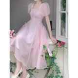 DAIIIBABYYY  -  Japanese Fresh Sweet Lolita Summer New Spliced Square Collar Folds Bandage Fashion Slim Solid Casual Puff Sleeve Dresses