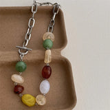 Daiiibabyyy  Creative Contrast Color Oval Round Geometric Natural Stone Strand Irregular Pendant Necklaces Women Silver Chain Chokers