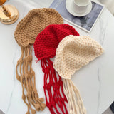 Daiiibabyyy  Korean Winter Wool Tassel Knitted Ear Protection Hat for Women Winter Warm Crochet Earmuffs Caps Girl Pullover Beanie Bonnet