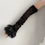 Daiiibabyyy  Women's Summer Lolita Jk Lace Fingerless Gloves Black Gothic Sleeves Trendy Elastic Long Lace Arm Sleeves Clothes Decoration