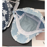 DAIIIBABYYY  -  Flower Embroidery Blue Denim Forward Hat Women Japanese Spring and Summer Lace Splicing Retro Short-brimmed Sunshade Newsboy Cap