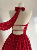 Daiiibabyyy  French Sexy Sweet Elegant Red Dress Women Cute Bow Design Y2k Halter Neck Dress American Retro Beach Style Birthday Party Dress